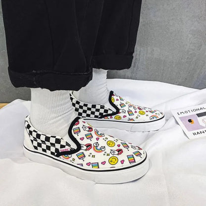 Womens Canvas Shoes Multicolor Checkerboard Design Female Slip-On Shoes Girls Flats 2023 New Fashion Sneakers Plus Size 35-44