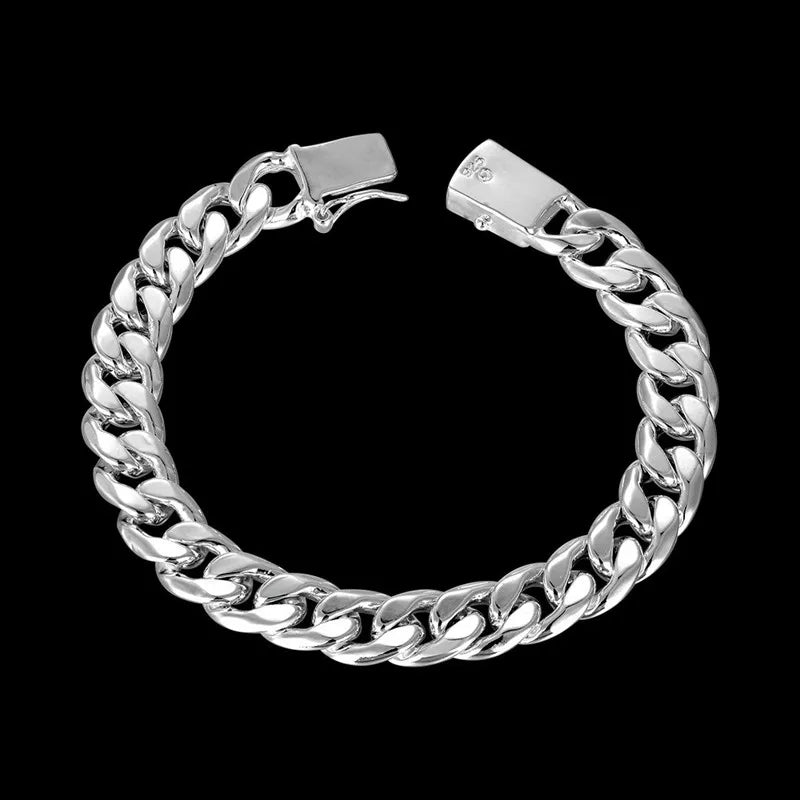 925 Sterling Silver 10MM Square Buckle Nice Jewelry Men Bracelet 21CM Sideway Link Chain Bracelet Male Bangle