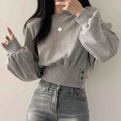 Korean Spring Chic Solid Hoodies Women Casual O-neck Long Sleeve Pullover Y2k Tops 2024 New Slim Fit Button Simple Ropa Mujer