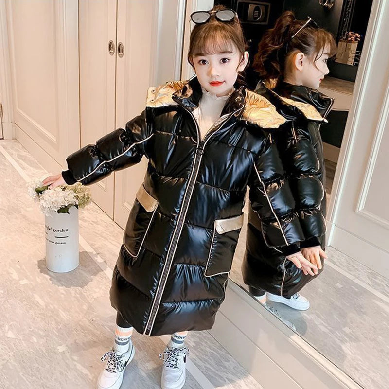 5-14 Years New Winter Girls Down Jacket Long Style Keep Warm Fashion Princess Coat Hooded Zipper Girls Outerwear Kids Clothes