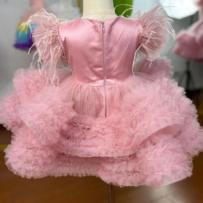 Pink Layered Tulle Flower Girl Dress For Wedding Puffy With Pearls Baby Kids Birthday Party Ball First Communion Gowns