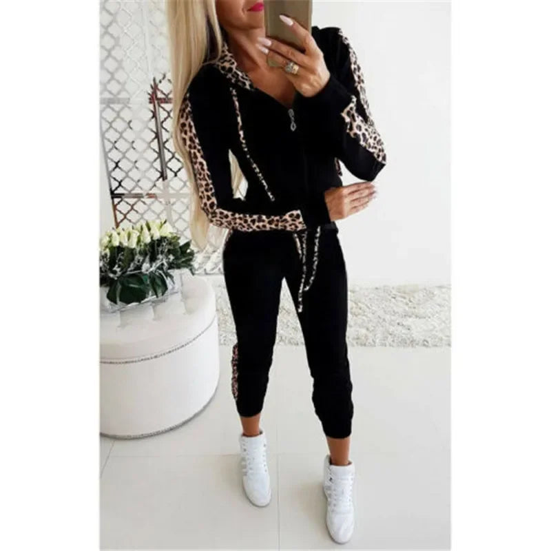 2024 Autumn Women Women Sets Ladies Sports Jogging SuitsTracksuits Set Leopard Print Hoodies Sweatshirt Crop Tops Long Pants