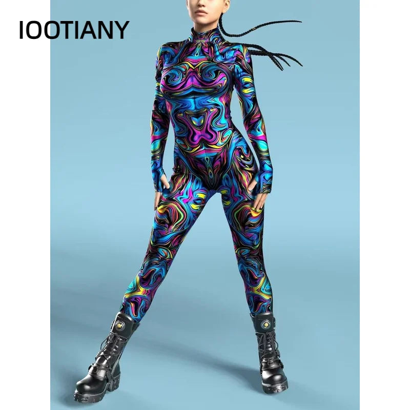 Multicolour Skeleton Printed Costume Woman Front Zipper Zentai Bodysuit Halloween Party Jumpsuits Carnival Holiday Show Outfit