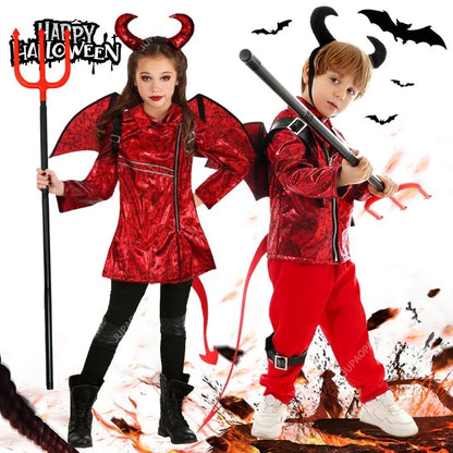 Girls Boys Little Devil Cosplay Costume Punk Roleplay Children Costume Outfits Halloween Carnival Fnatasia Suit Disguise Cloth