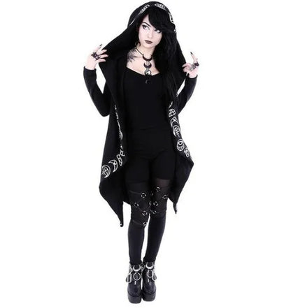 Women's Fashion Gothic Punk Moon Print Hoodie Girls Ladies Jacket Coat Cardigans Halloween Gothic Punk Black Costume S-5XL