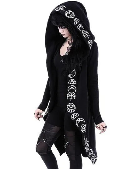 Women's Fashion Gothic Punk Moon Print Hoodie Girls Ladies Jacket Coat Cardigans Halloween Gothic Punk Black Costume S-5XL