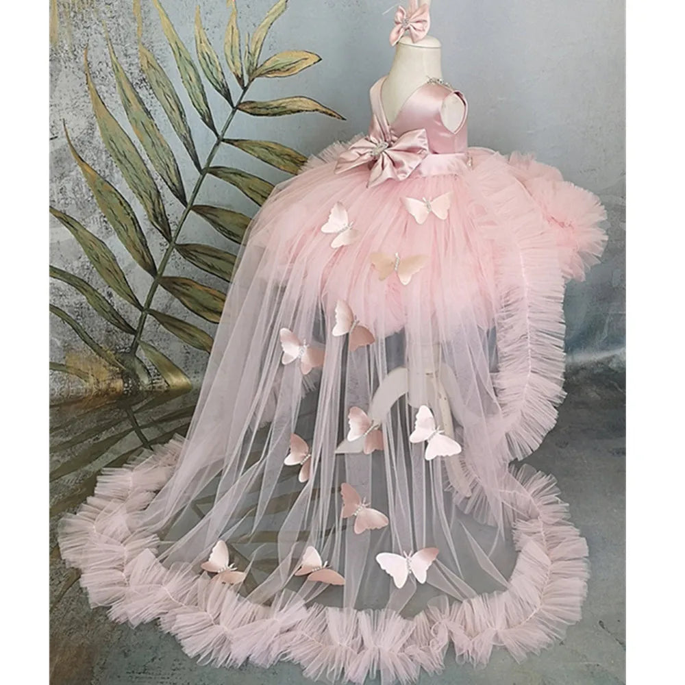 Baby Girls Dress For Flower Butterfly Vestidos Wedding Party Kids Dresses for Girls Pearls Tulle Evening Formal Dress For Brides