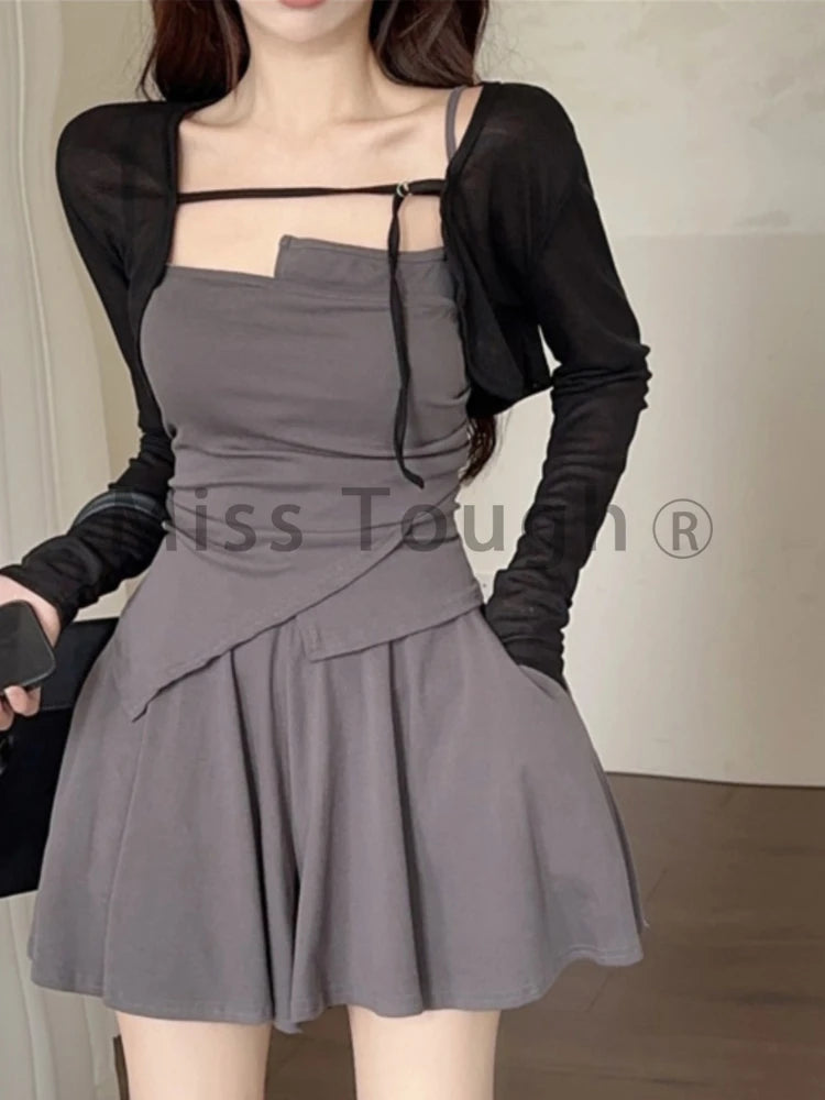 Fashion Sexy 3 Piece Set Women Elegant Sweet Design New Y2K Suit Female Long Sleeve Cardigan+ Strap Tops + Fold Skirt Summer New