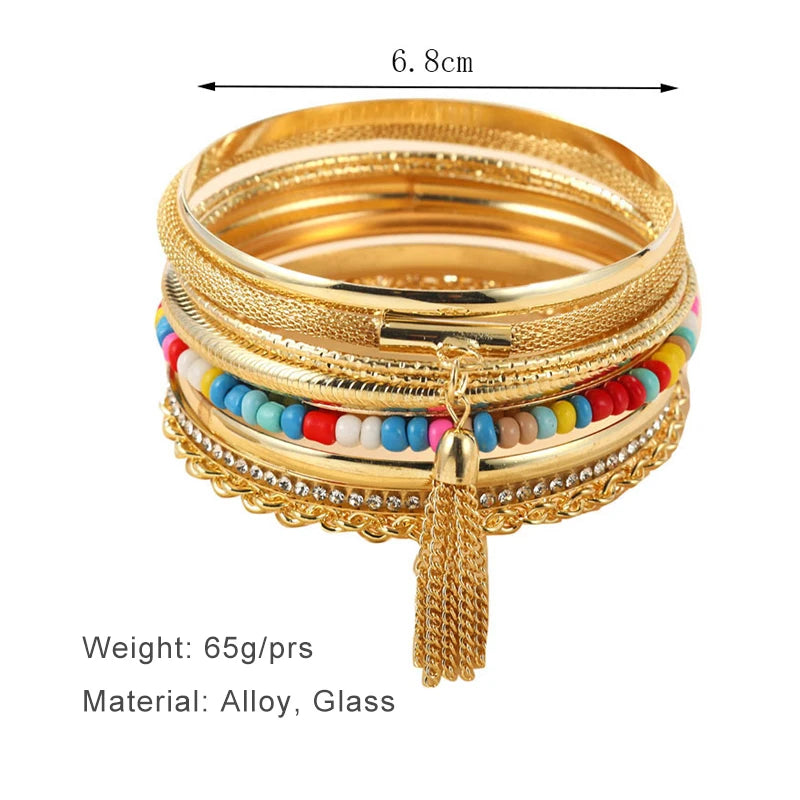 9 Pieces Metal Bangles Set For Women Heavy Punk New Style Bohemia Multi Colors Glass Beads Textured Fashion Jewelry Gift 2023426