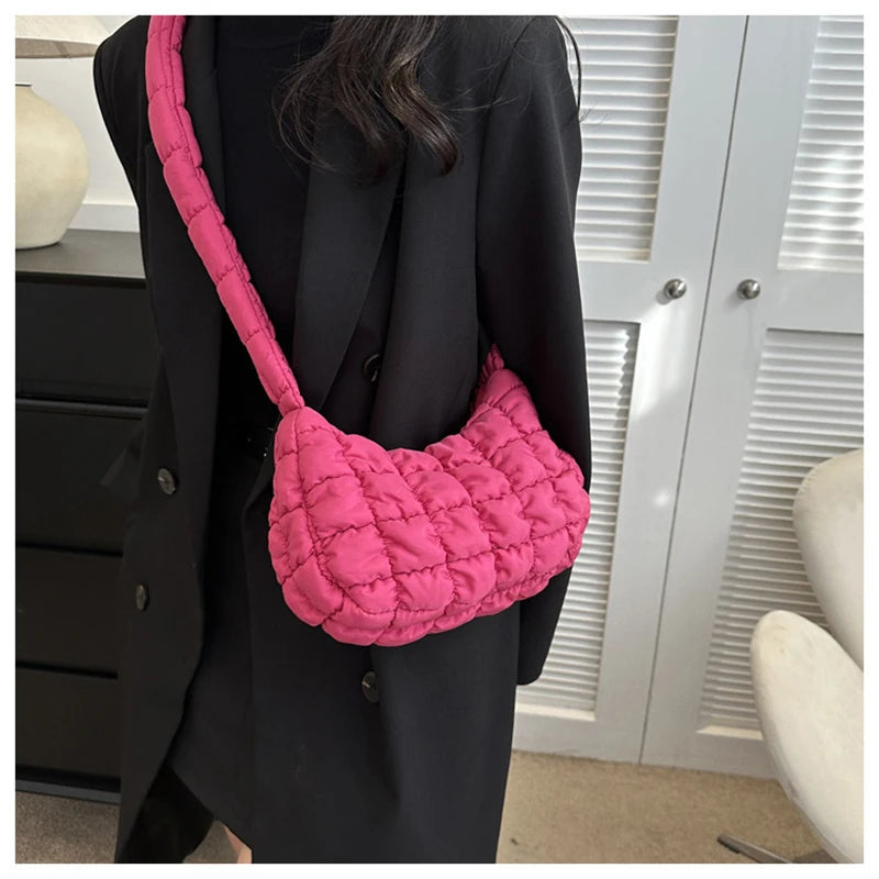 Quilted Pleated Crossbody Bag for Women Padded Shoulder Bag Ruched Cloud Bubbles Hobo Nylon Handbags Purse Large Puffer Tote Bag