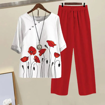 Two Piece Outfits Clothes Women Spring Printed Blouse and Wide Leg Pants Suit Female Loose Sets Elegant Office Lady