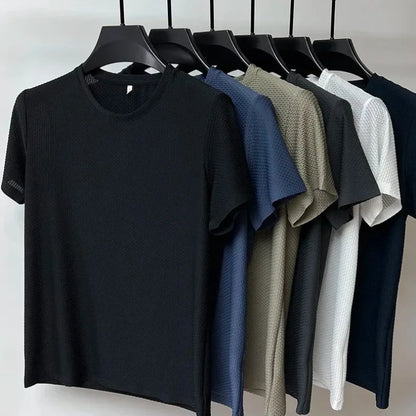 High end Ice Silk Short Sleeve T-shirt Men's Summer Mesh Breathable Round Neck  Fashion Solid Color Casual Luxury Top