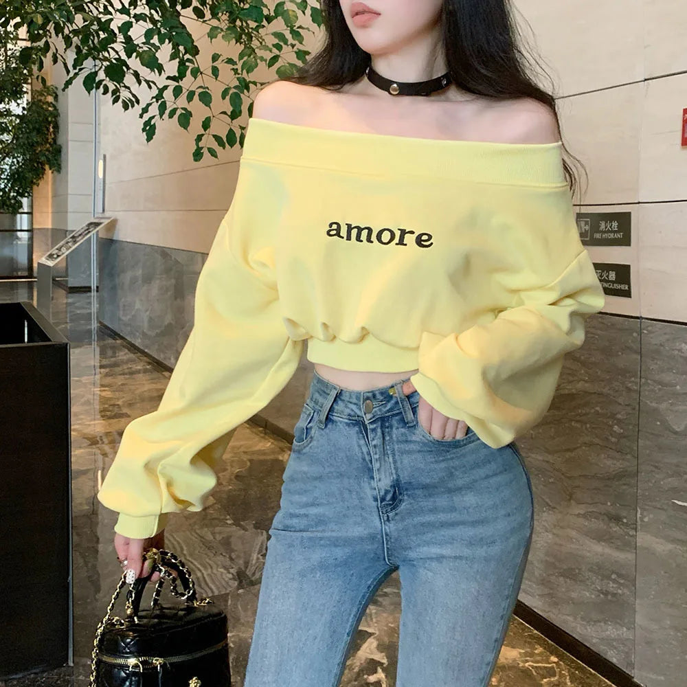 Sexy Off Shoulder Sweatshirt For Girls Spring Summer Solid Elastic Crop Tops Women's Korean Slim Gyaru Female Short Pullovers