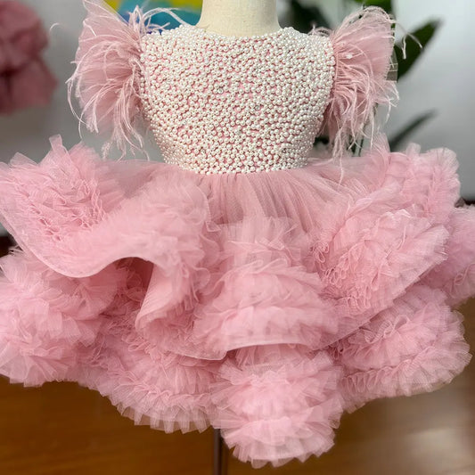 Pink Layered Tulle Flower Girl Dress For Wedding Puffy With Pearls Baby Kids Birthday Party Ball First Communion Gowns