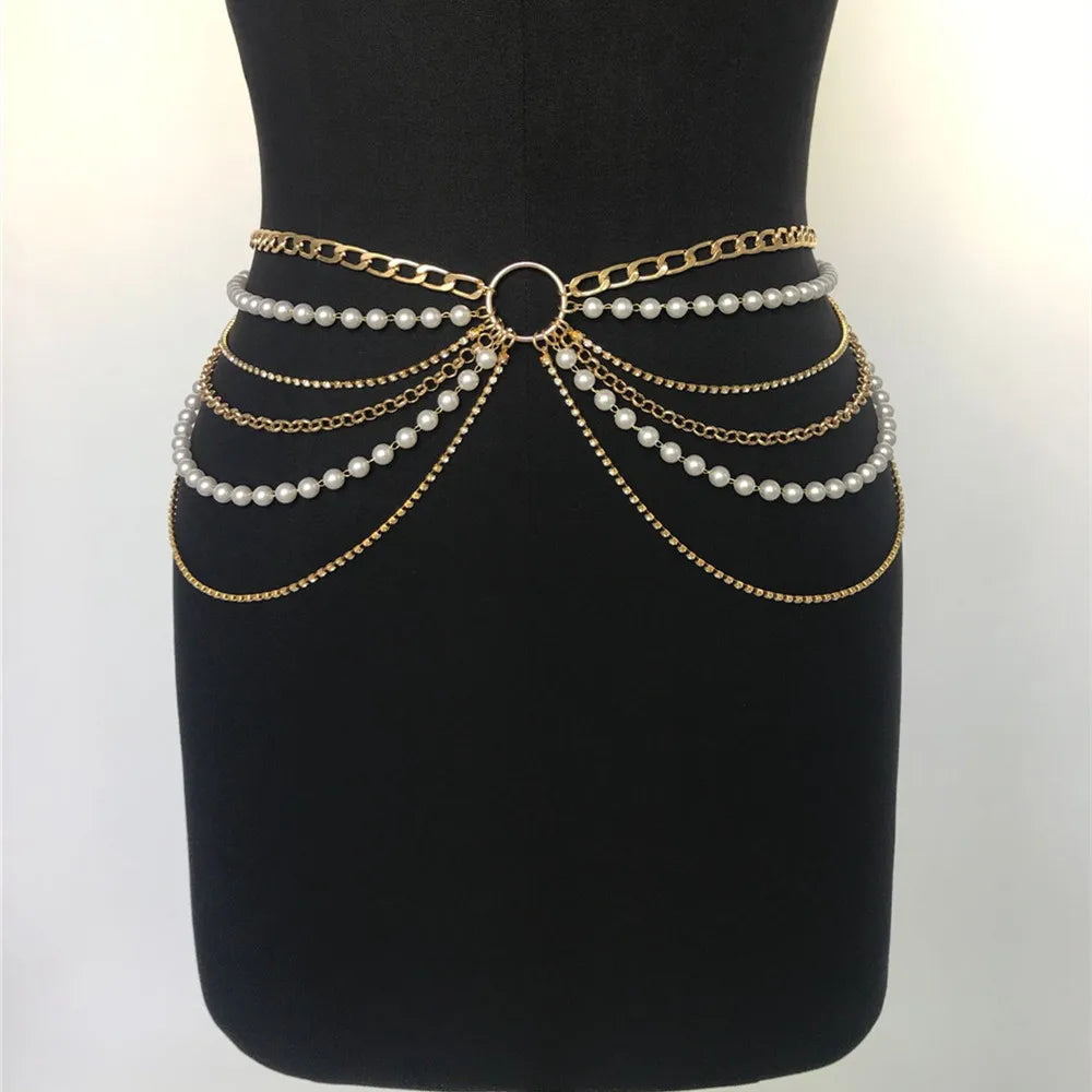 2023 New Fashion Multi-layer Metal Chain Waist Chain Female Imitation Pearl Body Chain 8289