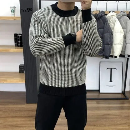 Man Clothes Round Collar Plaid Knitted Sweaters for Men Pullovers Crewneck Black Spring Autumn Elegant Designer Luxury Sheap A S