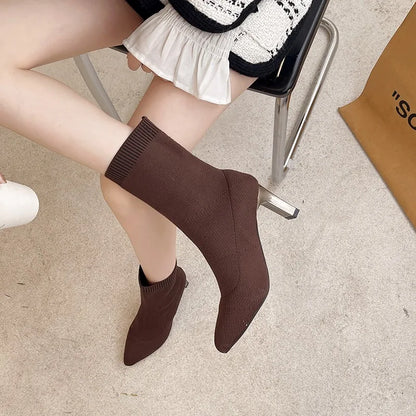 2022 New Winter Women's Shoes Knitted Mid-calf Socks Boots Pointed Toe Stiletto Elastic Designer Women's Boots 35-40