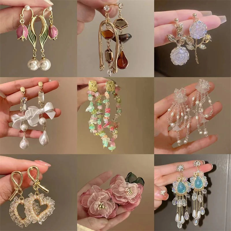 Crystal pearl earrings, European and American retro light luxury long style earrings, fresh and sweet, high-end feel earrings