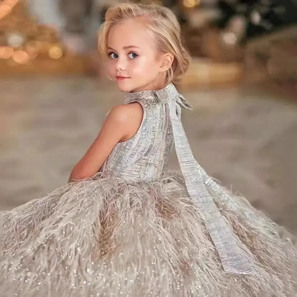 Luxury Elegant Girls Princess Ball Gown Children Fashion Sequined Feather Design Sleeveless Birthday Party Wedding Evening Dress