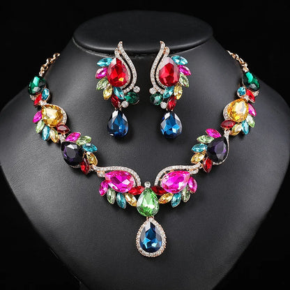 Gorgeous Colorful Crystal Rhinestone Lucky Necklace Earring Set Wedding Party Costume Jewellery NewStyle Trendy design Girl Gift