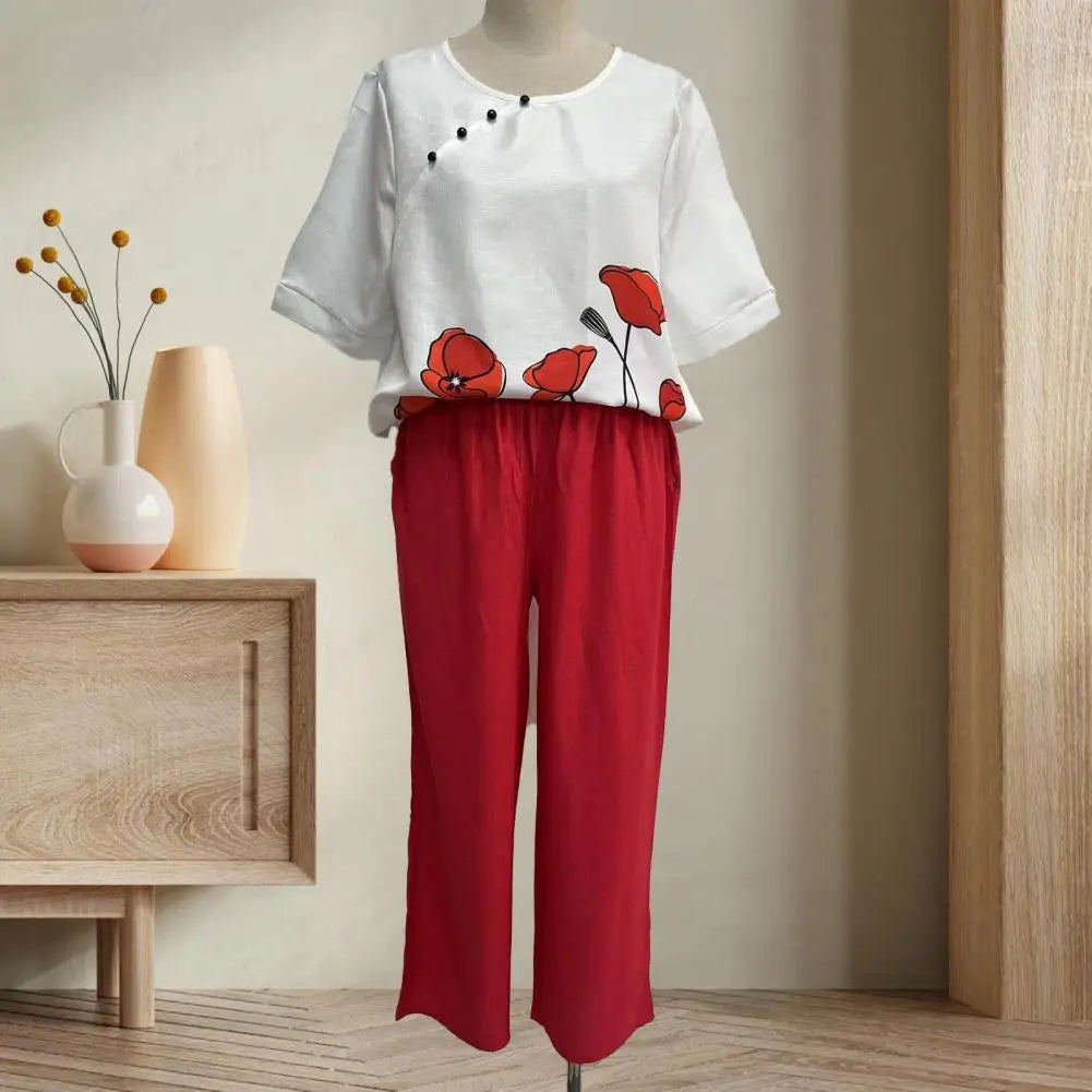 Two Piece Outfits Clothes Women Spring Printed Blouse and Wide Leg Pants Suit Female Loose Sets Elegant Office Lady