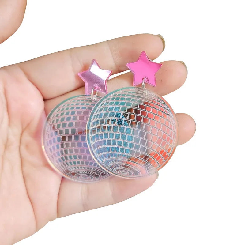 Transparent Shiny Round Laser Acrylic Earrings Vintage disco Ball Mirror Laser Creative pentagram Dangle Earrings Wholesale