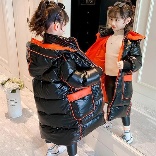 5-14 Years New Winter Girls Down Jacket Long Style Keep Warm Fashion Princess Coat Hooded Zipper Girls Outerwear Kids Clothes