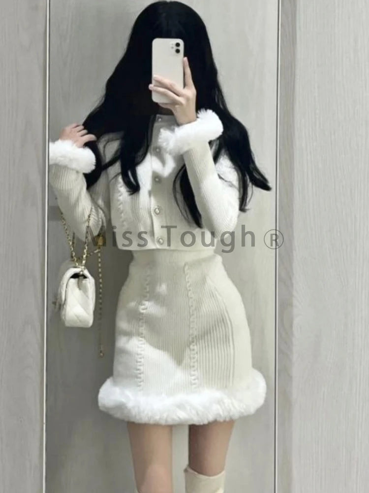 White Sweet Kawaii Two Piece Set Women Korean Fashion Party Mini Skirt Set Female Vintage Elegant Slim Skirt Suit 2023 Autumn