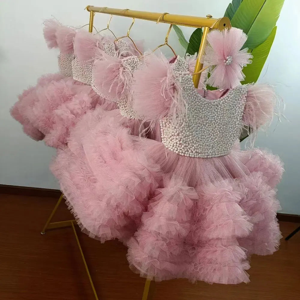 Pink Layered Tulle Flower Girl Dress For Wedding Puffy With Pearls Baby Kids Birthday Party Ball First Communion Gowns