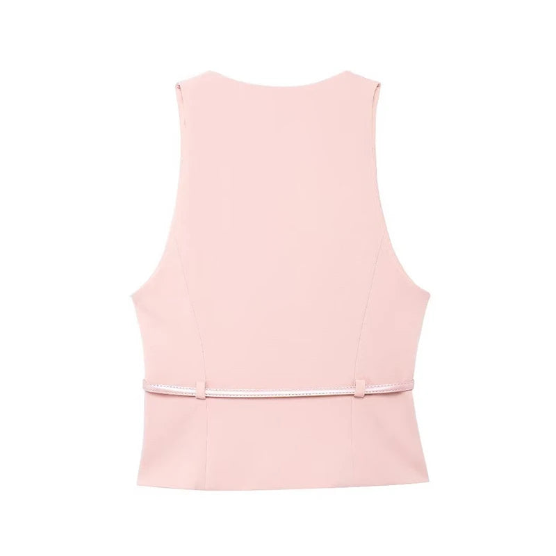 Willshela Women Fashion 2 Piece Set With Belt Pink Hidden Breasted Vest & Vintage Side Zipper Shorts Female Chic Lady Shorts Set