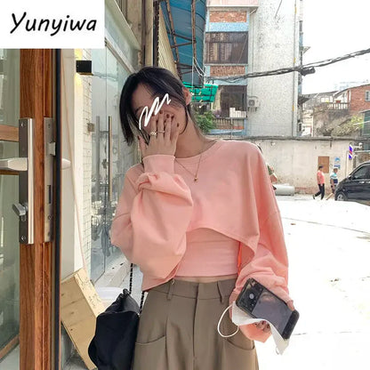 Women Causal Sweatshirts Loose Solid Crop Tops Hip Hop Dance O-neck Hoodies Baggy High Street Long Sleeve Bolero 2 Pieces Sets