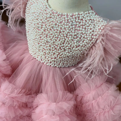 Pink Layered Tulle Flower Girl Dress For Wedding Puffy With Pearls Baby Kids Birthday Party Ball First Communion Gowns