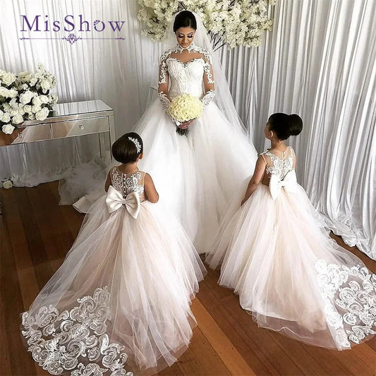 MisShow Flower Girl Dresses With Bow Lace Tulle Birthday Princess Ball Gown Sleeveless Kids First Communion Gowns for Wedding