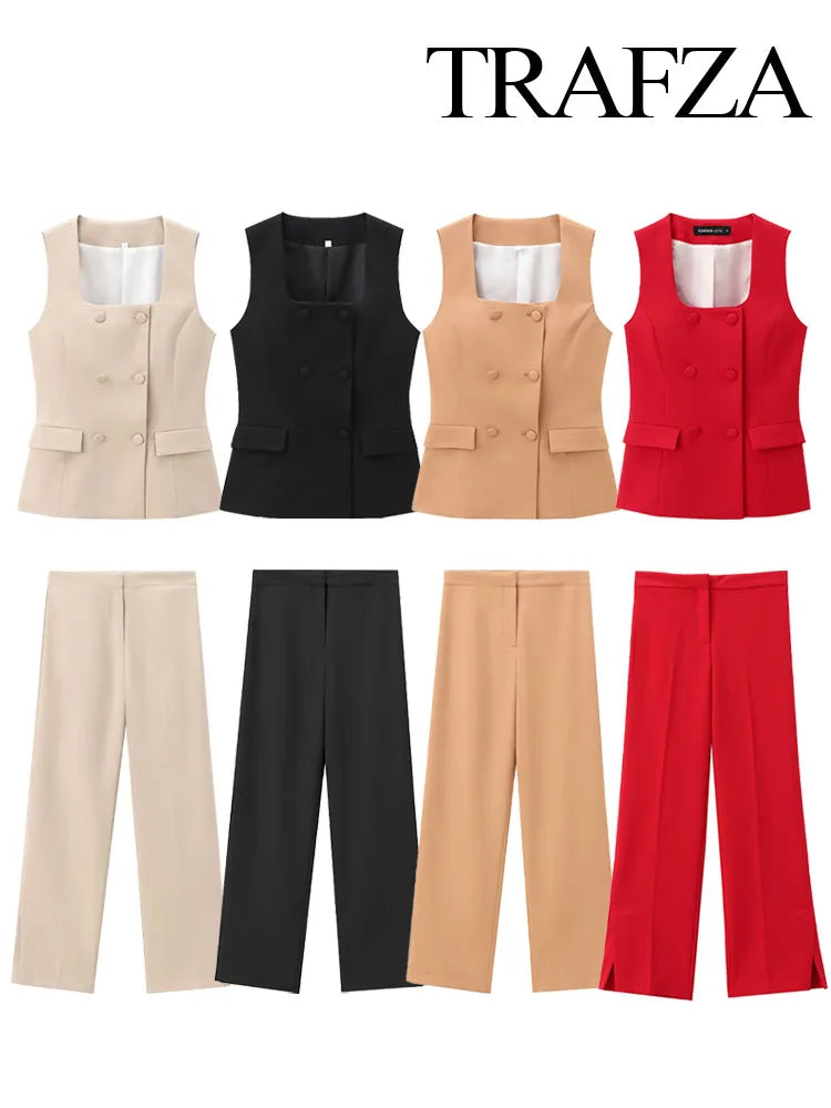 TRAFZA Women's Set Square Neck Sleeveless Pockets Double Breasted Waistcoat+Mid-Waist Slit Zipper Long Pants Female Fashion Suit