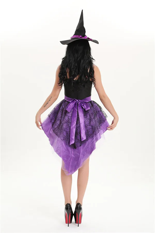 Plus Size S-XXL Halloween Witch Costume For Women Adult Sexy Purple Swallow Tail Braces Dress Hat Carnival Party Female Suit