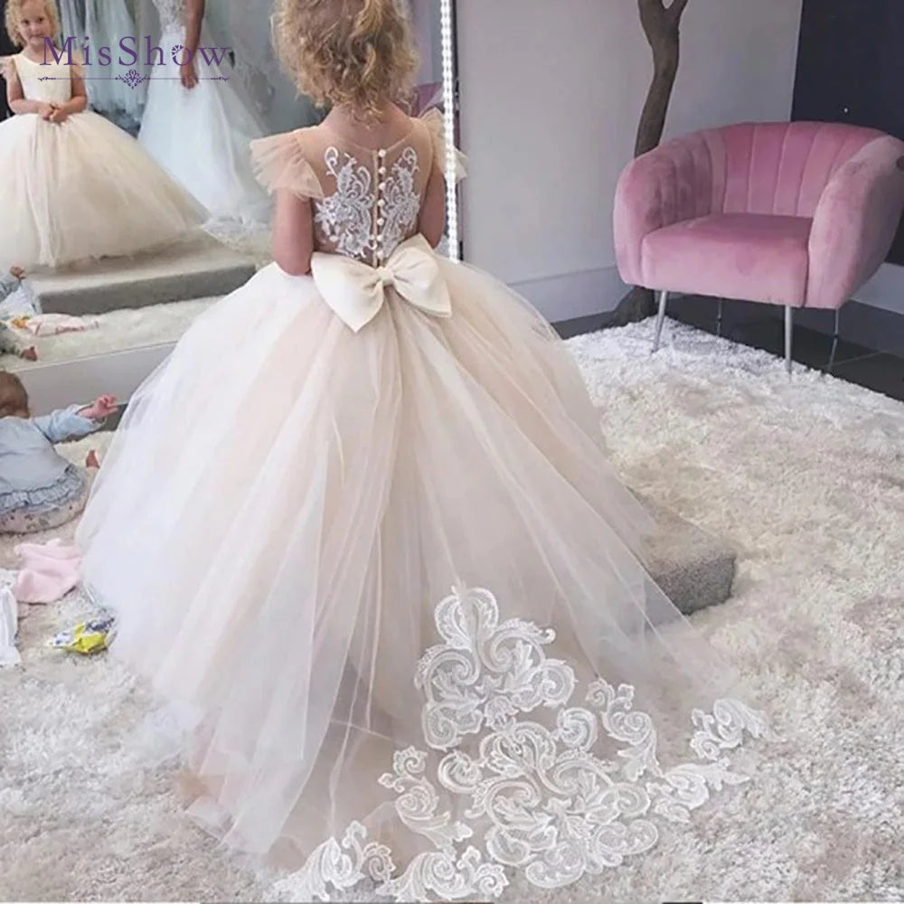 MisShow Flower Girl Dresses With Bow Lace Tulle Birthday Princess Ball Gown Sleeveless Kids First Communion Gowns for Wedding