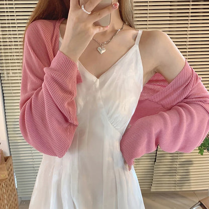 Summer Thin Silk Knit Sunscreen Cardigan Women Solid Color Sun Protection Shawl Cover-up Cropped Small Shoulder Top Ventilation