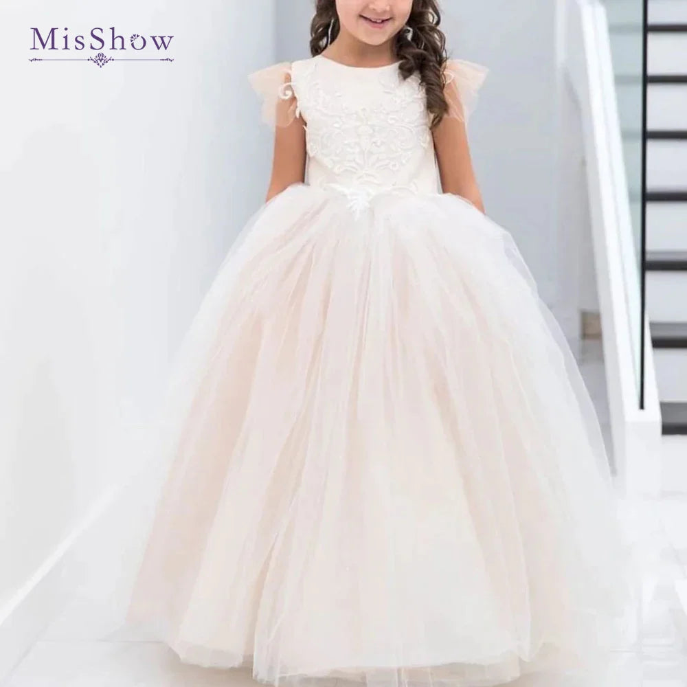 MisShow Flower Girl Dresses With Bow Lace Tulle Birthday Princess Ball Gown Sleeveless Kids First Communion Gowns for Wedding