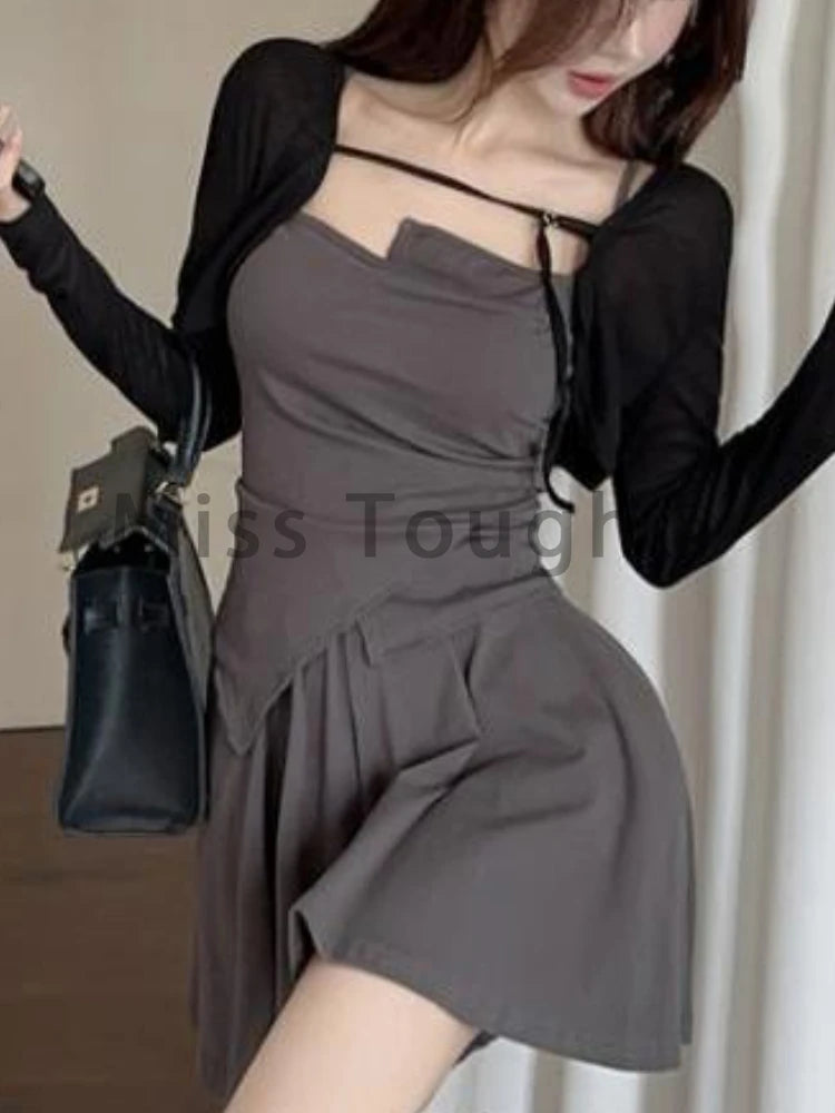 Fashion Sexy 3 Piece Set Women Elegant Sweet Design New Y2K Suit Female Long Sleeve Cardigan+ Strap Tops + Fold Skirt Summer New