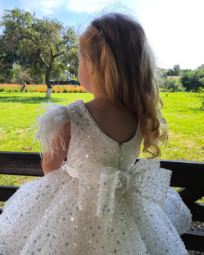 BABYONLINE White Flower Gir Dress Glitter Beads with Feather Bow Evening Party Fluffy Skirt Ball Gown Communion Kid Toddler TUTU