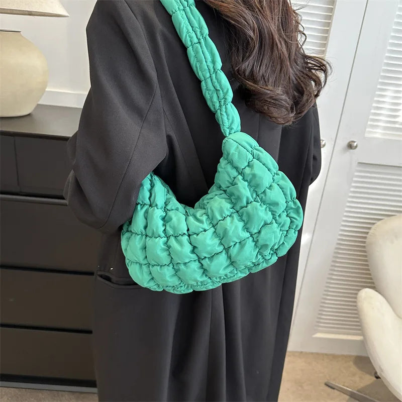 Quilted Pleated Crossbody Bag for Women Padded Shoulder Bag Ruched Cloud Bubbles Hobo Nylon Handbags Purse Large Puffer Tote Bag