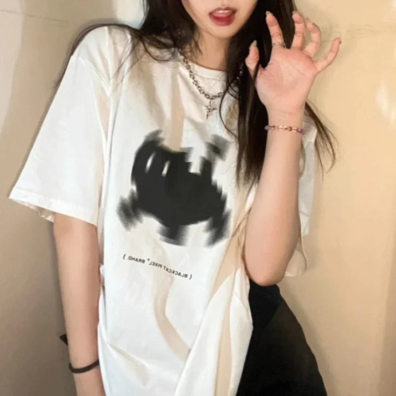 Aesthetic Print Short Sleeve T-shirts Basic Streetwear Tops Y2k Women Casual Harajuku Gothic O Neck Tees Clothing