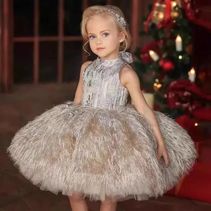 Luxury Elegant Girls Princess Ball Gown Children Fashion Sequined Feather Design Sleeveless Birthday Party Wedding Evening Dress