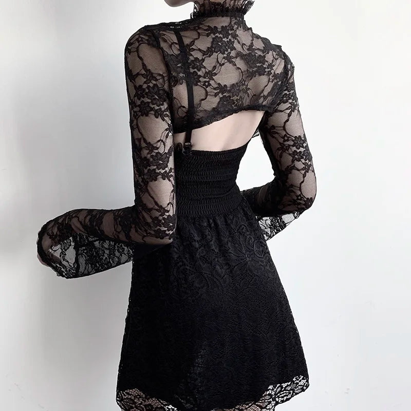 InsGoth Lace Smocks Long Sleeve Y2K Sexy Gothic Street Halloween Black Overall Coguette Chic Button Crop Matching Party Cover Up