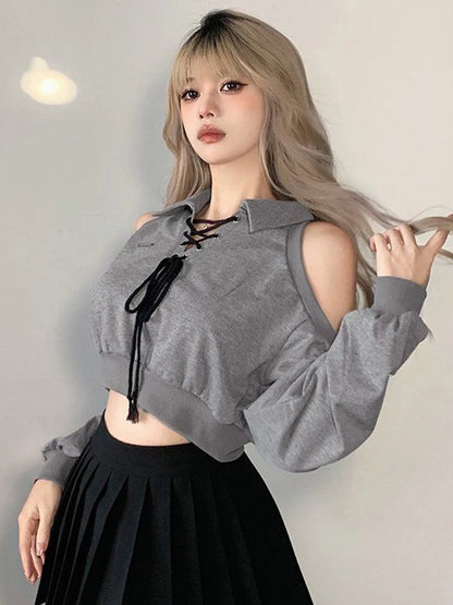 Zoki Sexy Cropped Women Y2K Sweatshirt Streetwear Off Shoulder Gothic Tops Autumn Korean Long Sleeve Harajuku Grey Pullovers New