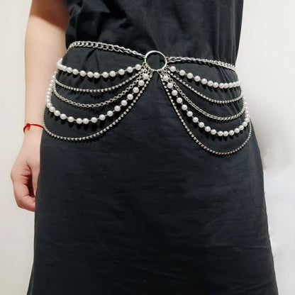 2023 New Fashion Multi-layer Metal Chain Waist Chain Female Imitation Pearl Body Chain 8289