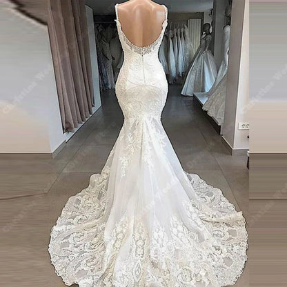 Summer Mermaid Sexy V-Neck Wedding Dresses For Women Lace Print Backless Bridal Gowns Elegant Mopping Length Vestidos de Novias