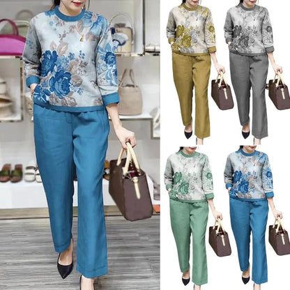 Fashion Women Loose Print Set Female Cotton Linen Outfits Commuter Elegant O-Neck Long Sleeve Tops Shirt And Straight Pants Suit