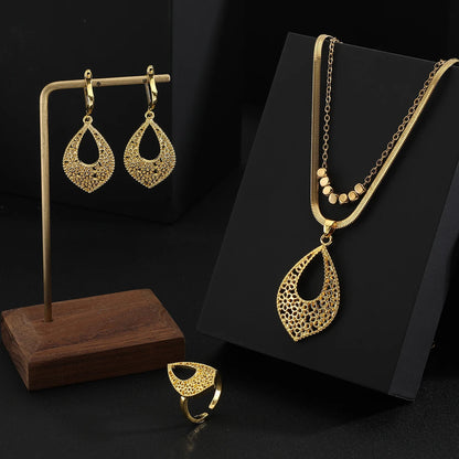 Fine Jewelry Set Stainless steel double layer clavicle chain Necklace+Earrings + Ring Gold Jewelry Sets For Women  Charm Jewelry