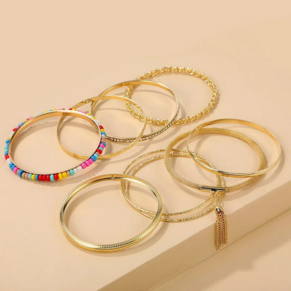 9 Pieces Metal Bangles Set For Women Heavy Punk New Style Bohemia Multi Colors Glass Beads Textured Fashion Jewelry Gift 2023426